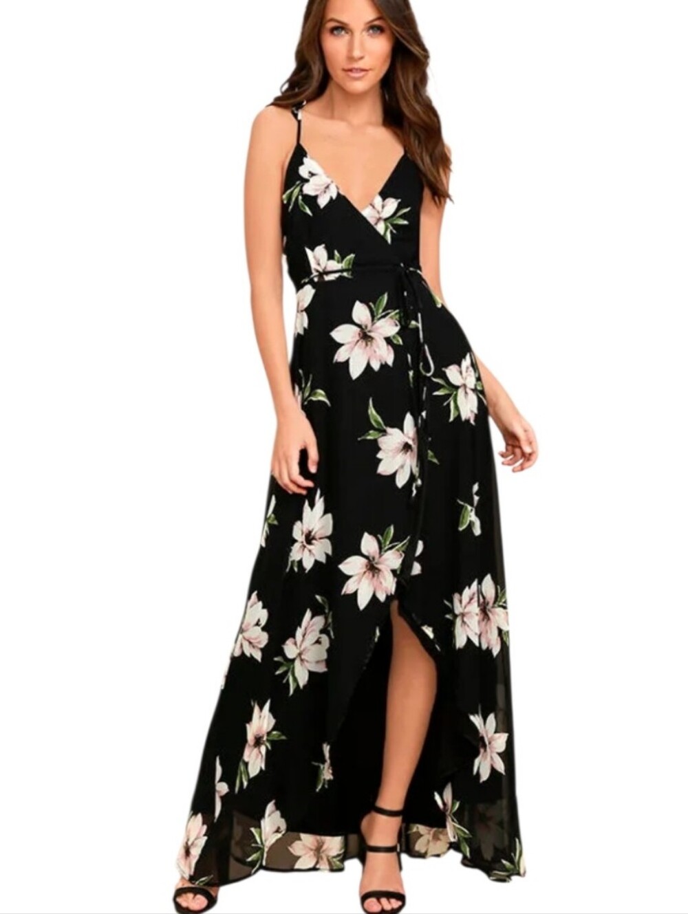 Lulu's All Mine Black Floral Print High-Low Wrap Floral Wrap Dress